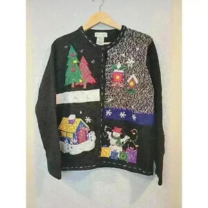 Christmas Cardigan Womens XL Black Knit Button Snowman Tree Plaid Beads Flaw